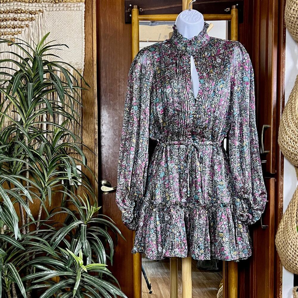 Buddy Love Grace Floral Mini Dress Womens M Chiffon Metallic Long Sleeve NWOT